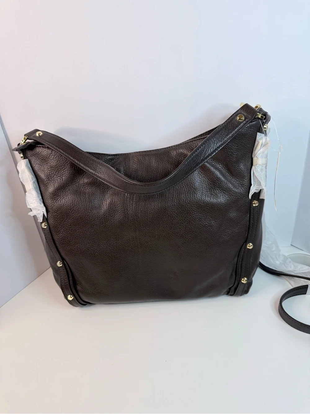Michael Kors Dark Leigh Large Coffee Leather Convertible Shoulder Bag